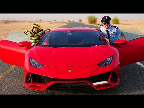 Jason and Alex Pretend Play Police Officers and drive a Lamborghini on the road