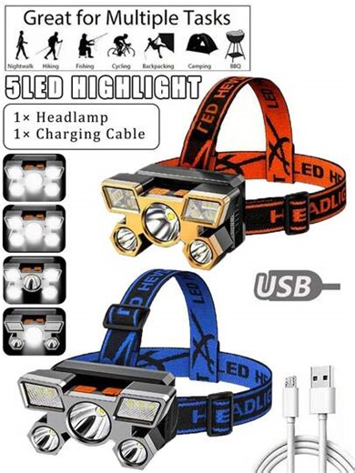 2 piezas/1 pieza Linterna frontal LED súper brillante de 5 LED, linterna frontal con diadema, faro minero para exteriores, linterna frontal LED de alto rendimiento para exteriores, luz de camping recargable, mini linterna frontal, recargable por USB, multimodal, con linterna de emergencia remota, adecuada para pesca nocturna, trabajo, caza, correr, acampar, senderismo, lectura, deportes al aire libre | SHEIN