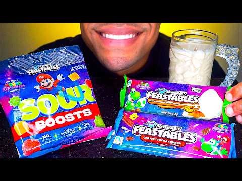 ASMR MR BEAST FEASTABLES MARIO GALAXY CANDY WHITE CHOCOLATE YOSHI EGGS MUKBANG WITH MILK