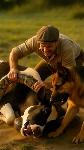 Hero German Shepherd And Farmer Saves Cow from Giant Python Attack