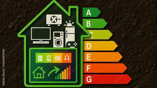 Energy audit of home. Energy efficiency rating chart featuring household and home appliances with colored arrows showing consumption levels eco