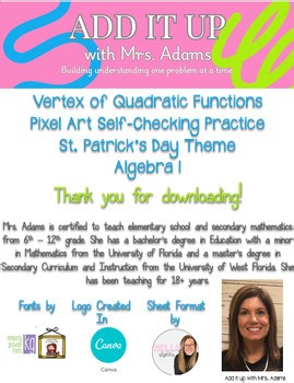 St. Patrick's Day Themed Pixel Art - Algebra Vertex of Quadratic Functions