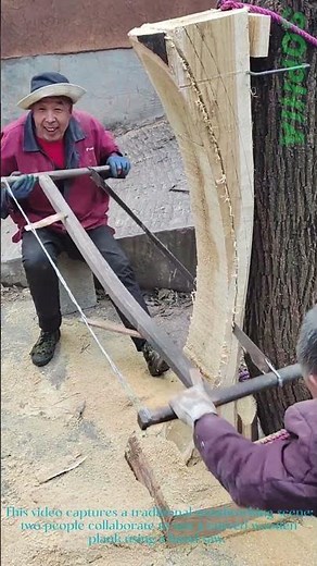 Two-Person Sawing: Crafting a Curved Wooden Plank Together