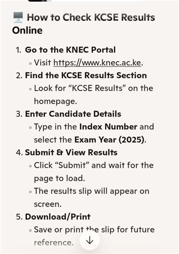The Kenya National Examinations Council (KNEC) has switched on the KCSE 2025 results checker ahead of the official release. The results expected to be released today - Though no official release date has been announced. To check results visit: https://results.knec.ac.ke👇🏼 | LE VY