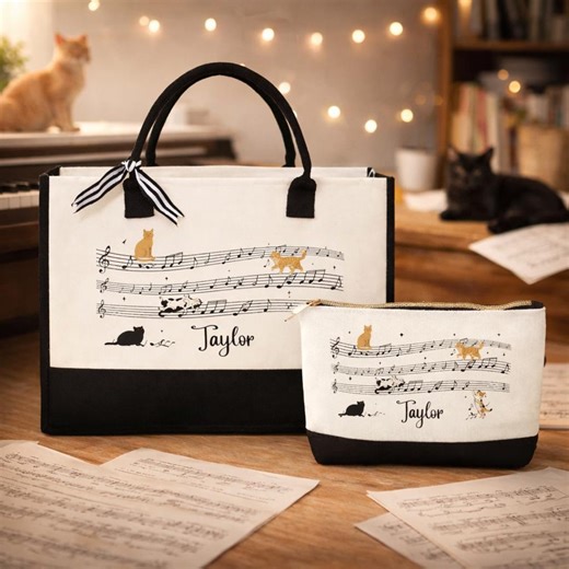 Personalized Music Cat Tote Bag, Custom Name Music Teacher Tote, Cat With Music Notes Bag, Cat Lover Gift, Music Note Gifts Totes - Etsy