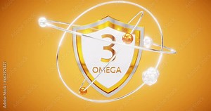 omega 3 symbol on shield with rotating atoms and orbits, polyunsaturated fatty acids, alpha-linolenic acid, 3d rendering, eicosapentaenoic acid and docosahexaenoic acid oil Stock Video