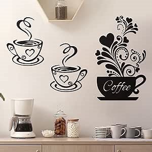 Chinco 4 Pcs Kitchen Wall Decor Sticker Coffee Tea Cup Flower Art Wall Sticker Black Coffee Cup Art Stickers Removable DIY Vinyl Decor Station Decorations for Kitchen Shop Cafe Pub