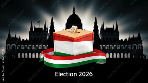 Wooden ballot box transforming into Hungarian flag design for the election 2026. National parliamentary building silhouette in Budapest.