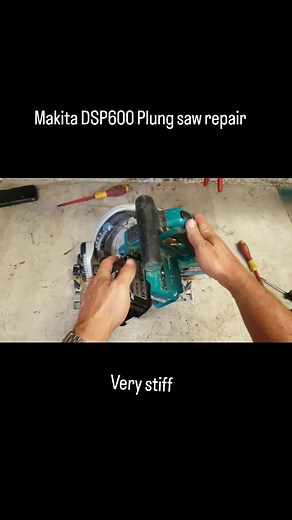 Makita DSP600 Plunge saw that has become very stiff to plunge. This is a common problem with the makita plunge saws if not kept clean. Dirt builds up on the pivot pin and housing causing the joint to become very stiff. #makita #saw #repair #tools #dsp600 #plungsaw #plungesaw #toolrepair | Deandohertygreaser