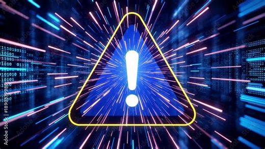Malware prevention software network. A digital warning sign with an exclamation mark appears amidst fast-moving binary code and data streams