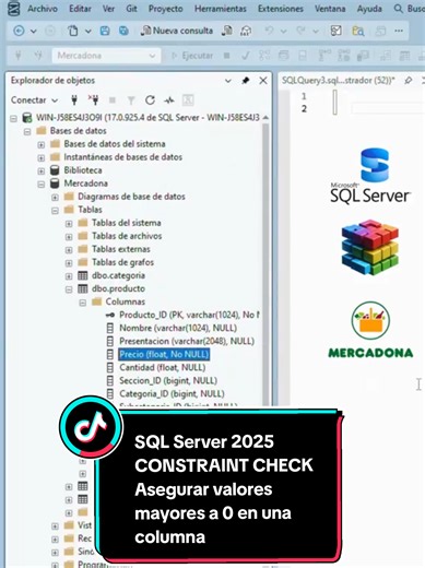 SQL Server 2025 - CONSTRAINT CHECK Asegurar precios mayores a 0 Se muestra cómo utilizar las sentencias ALTER TABLE, ADD CONSTRAINT, CHECK para definir una restricción que asegure tener valores (precios) mayores a 0 en una tabla y una columna existentes en una base de datos en SQL Server 2025. #SQLServer2025 #ALTERTABLE #CONSTRAINT #CHECK #dataintegrity