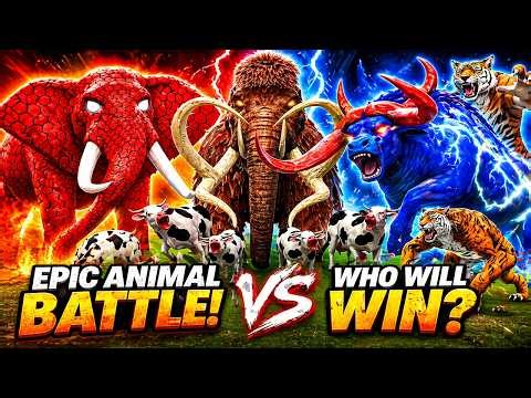 Zombie Bull vs Spiderman Elephant vs Mammoth save Cow Fight Giant Tiger Wolf vs Woolly Mammoth
