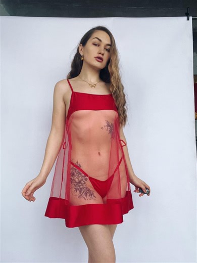 Red Silk and Mesh Nightgown Sheer Negligee With Panties – Handmade See Through Lingerie Babydoll - Etsy
