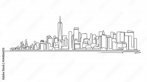 animated single line drawing of New York City skyline, Manhattan seen from water line art animation