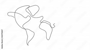 Self drawing simple animation of single continuous one line drawing of world map. Drawing by hand, black lines on a white background.