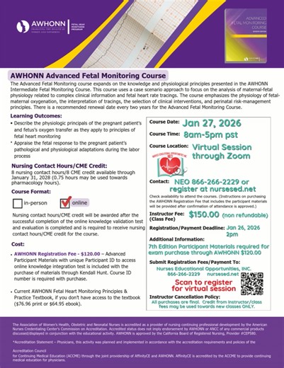 Nurses Ed. Opportunities on Instagram: "Our next AWHONN Advanced Fetal Monitoring class is open for registration! Get a head start on purchasing your participant materials to get prepped for the virtual session! Register online at nursesed.net or call 866-266-2229! #AFM #advancedfetalmonitoringclass #pals #stressfree #basicfetalmonitoring #BLS #ACLS #neonatalresuscitation"