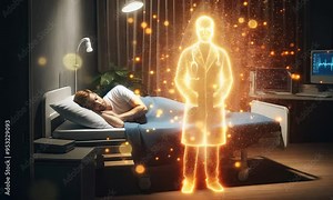 Futuristic Medical Technology: Holographic Doctor Standing Beside Patient in Hospital Bed, Illuminating Advanced Healthcare and Telemedicine Concepts