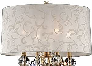 Benjara Chandelier Table Lamp with Hanging Crystals and Floral Pattern Shade, Gold