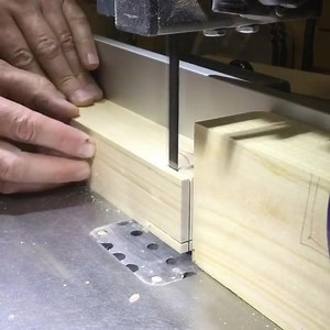 Cutting tenon cheeks on the bandsaw is all about setups, stop blocks and spacers, says Damion Fauser #bandsaw #woodmachining #tenon #woodjoinery #speedingthingsup #worksmart #woodworking #woodreview #woodmachining #carpenter #woodshop #woodworkshop | Wood Review