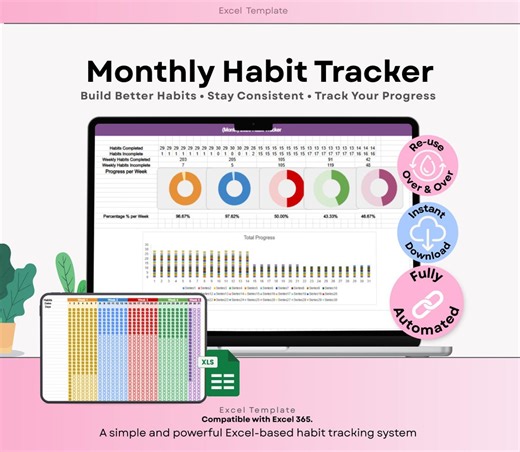 Monthly Habit Tracker Excel Spreadsheet | Daily Weekly Goal Planner (digital Download) - Etsy