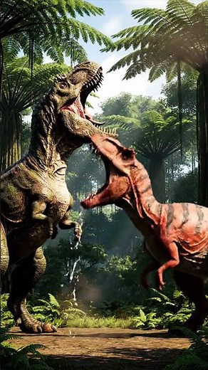Mapusaurus vs a Giganotosaurus roaring in a Prehistoric World