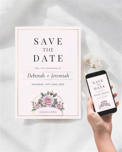 Save the Date Cards | Pink Rose Floral 5x7 & Phone Invitation | Wedding Save the Dates Canva Template - Etsy