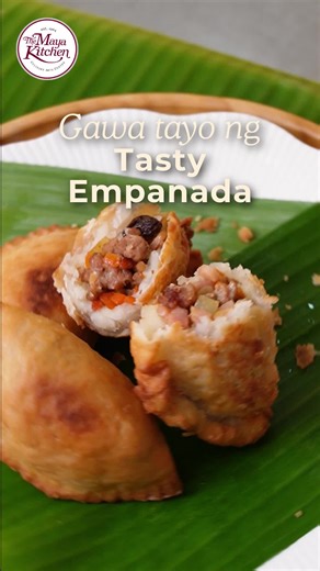 Tasty Empanada Pack-Along Snacks and Baon cookbook by The Maya Kitchen Ingredients Pastry 2 cups MAYA All-Purpose Flour ¼ cup sugar 1 teaspoon salt ⅓ cup shortening ½ cup water Paste 1 cup MALA All-Purpose Flour 1/3 cup shortening Filling 3 tablespoon oil 3 cloves garlic, minced 1 medium-sized onion, chopped 3 small potatoes, diced small 1 small carrot, diced small ½ kilo ground pork 2 slices cooked ham, diced small 2 tablespoons soy sauce ¼ cup raisins salt and pepper, to taste Procedure 1. In 