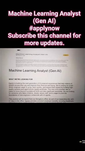 EarnIn Hiring – Machine Learning Analyst (Gen AI) #job #jobsearch #freshers #shorts #trending