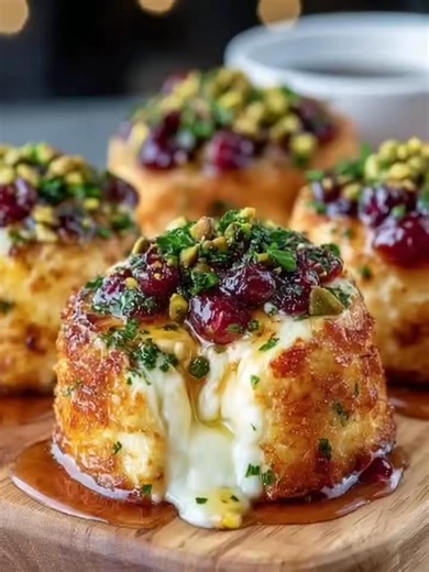 Fried Brie Bites with Honey & Berry Topping These fried brie bites are rich, creamy, and irresistibly indulgent. The image shows golden, crispy rounds of cheese with warm melted brie pouring out from the center. Each bite is topped with a glossy berry compote, chopped nuts, and fresh herbs, creating the perfect contrast of sweet, salty, creamy, and crunchy. A drizzle of honey runs down the sides, making the dish shine beautifully and adding a natural sweetness that pairs perfectly with the rich 