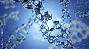 Animation of rotation DNA helix or molecule from glass and crystal and chemical formulas on backdrop. Animation of seamless loop.