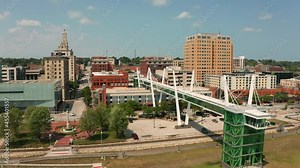 Davenport Iowa Flying into Downtown from River Waterfront 4K UHD