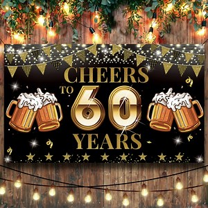 Cheers to 60 Years Backdrop Banner, Happy 60th Birthday Decorations for Men Women, 60th Anniversary Decorations, Black Gold 60 Years Reunion Celebration Party Decor, Vicycaty (6.1ft x 3.6ft)