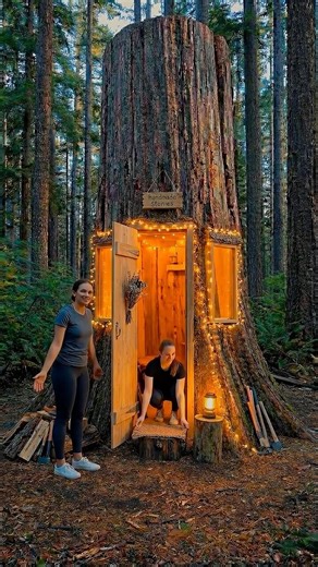 They Carved a Cozy Cabin Inside a Dead Tree Trunk #bushcraft #cabinbuild #diy #satisfying #shorts