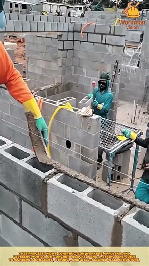 Concrete Block Wall Leveling: Construction workers applying mortar with string line guide