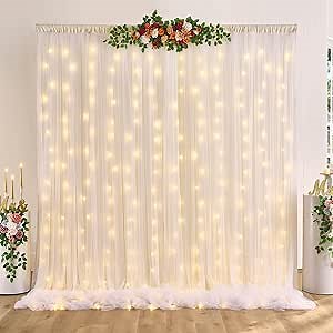 10ft×10ft Ivory Tulle Backdrop Curtain with Light String for Wedding Party, Dual Layred Wrinkle Free Photo Tulle Backdrop Drapes for Bridal Shower Baby Shower Wedding Photography Backgrounds