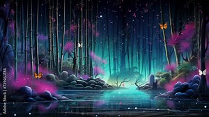 bamboo grove at night with bamboo shoot. fantasy background. anime cartoon illustration style. seamless looping overlay 4k virtual video animation background