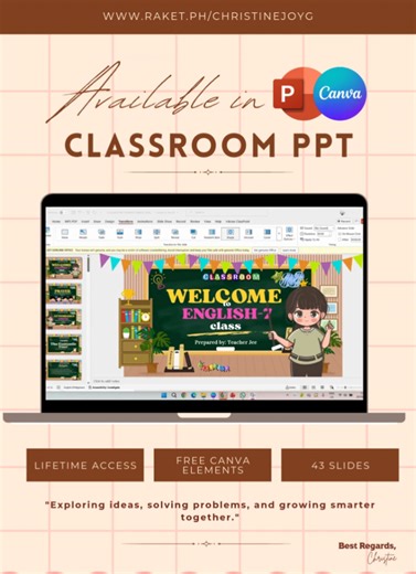 FEMALE CLASSROOM-THEMED POWERPOINT PRESENTATION | CANVA TEMPLATE ✨ Create a warm, organized, and inspiring learning space—designed with a female teacher classroom theme in mind! 🌸📘 This Classroom-themed PowerPoint presentation template is perfect for educators who love a soft, friendly, and professional classroom aesthetic. 🎯 Perfect for: ✔ Daily classroom lessons ✔ Demo teaching & practice teaching ✔ Classroom routines and discussions ✔ Reviews, quizzes, and activities ✔ Elementary to Junior
