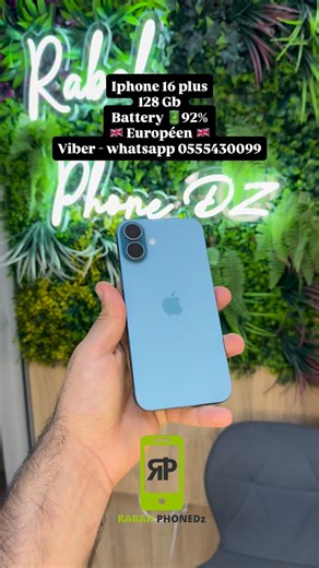 Rabah Phone Dz on Instagram: "Iphone 16 plus . 128 (Utilisé) ▪️Une puce ▪️Stockage 128 gb ▪️battery 92% ▪️ avec Garantie ▪️sans accessoires Avec garantie marche L’achat avec bon dans un magasin ➖Num viber 0555430099 ➖facebook Rabah phone ♦️Disponible la livraison 48 wilaya Merhba bikom #app #applewatch #dz #dzair #algeria alge r algeroise"