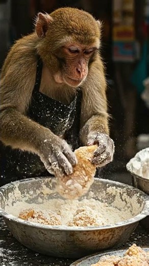 MONKEY PREPARING FRIED CHICKEN ON THE STREETS!!! #foodtruck #comidamóvel #monkeychefcooking