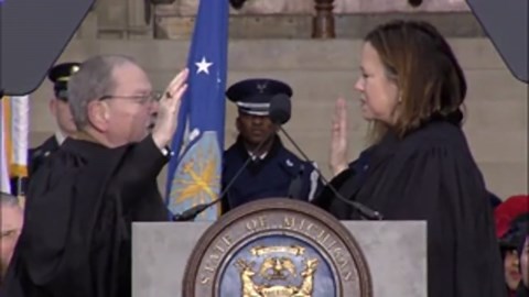 Supreme Court Chief Justice Megan K. Cavanagh sworn in by former Michigan Chief Justice Michael F. Cavanagh