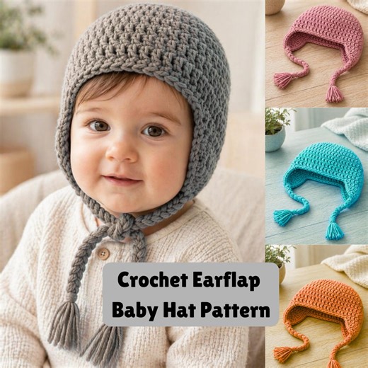 Crochet Earflap Baby Hat Pattern, Baby Hat PDF Pattern Tutorial, Beginner Crochet Baby Hat, Toddler Beanie Pattern, New Born Hat Pattern DIY - Etsy