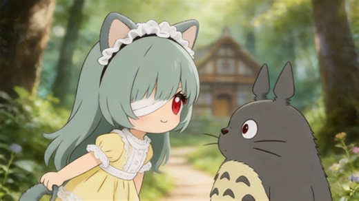 和龙猫愉快玩耍的弗糯糯