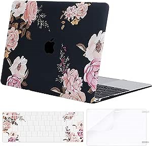 MOSISO Compatible with MacBook 12 inch Case with Retina Display (Model A1534, Release 2017 2016 2015), Plastic Peony Hard Shell Case & Keyboard Cover & Screen Protector, Black