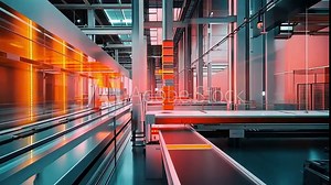 Robotic arm is transporting a package through an automated warehouse with red and blue lighting in slow motion