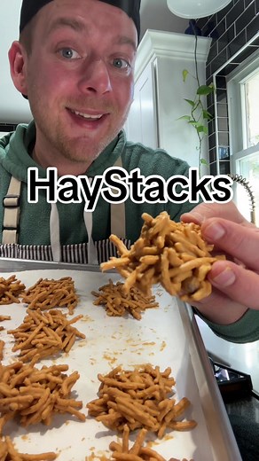 Another favorite and #easyrecipe you need is #HayStacks 😁 only #4ingredients #sweet #candy #fyp HayStacks 11 oz Butterscotch Chips 1/2 cup Peanut Butter 1/2 cup Peanuts (optional) 12 oz Chow Mein Noodles Melt butterscotch chips and peanut butter w/double broiler or microwave. Once melted asd peanuts and noodles, folding together till well mixed. Drop onto parchment paper by tablespoons full. Refrigerate for 20 minutes to set up. Store in airtight container