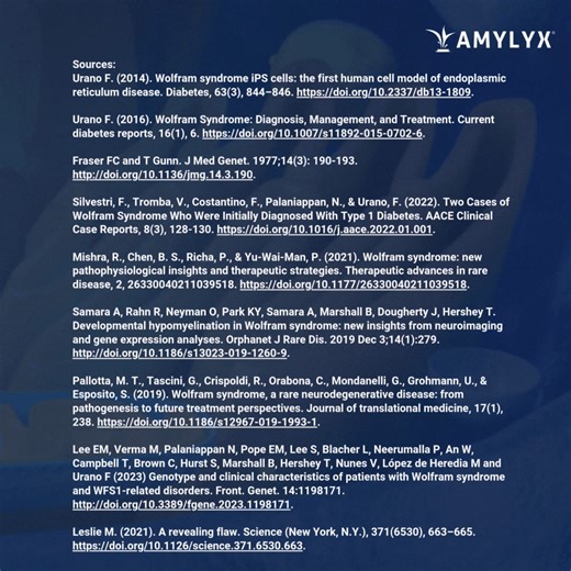 Wolfram syndrome is a rare genetic disorder that affects multiple organs and systems over time. Most people with Wolfram syndrome have mutations in the WFS1 gene, which encodes wolframin, a protein essential for maintaining endoplasmic reticulum (ER) homeostasis and normal cellular function. When wolframin is impaired, cells experience chronic ER stress and mitochondrial dysfunction. Learn more about Wolfram syndrome on our website at https://www.amylyx.com/ | Amylyx Pharmaceuticals Inc.