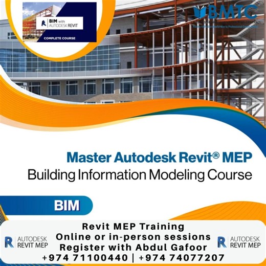 Master Revit MEP | BIM Training for MEP Professionals Information Modeling (BIM) for Mechanical, Electrical & Plumbing Systems 📅 Start Date: 25 January 2026 ⏱ Total Duration: 30 Hours 📆 Schedule: Sunday & Tuesday 🕖 Timing: 7:00 PM – 9:00 PM (Qatar Time) 🏫 Mode: Live Online via Zoom 🔧 Advance Your Career with Revit MEP Expertise Revit MEP is one of the most in-demand BIM tools used globally for design, coordination, and documentation of Mechanical, Electrical, and Plumbing systems in buildin