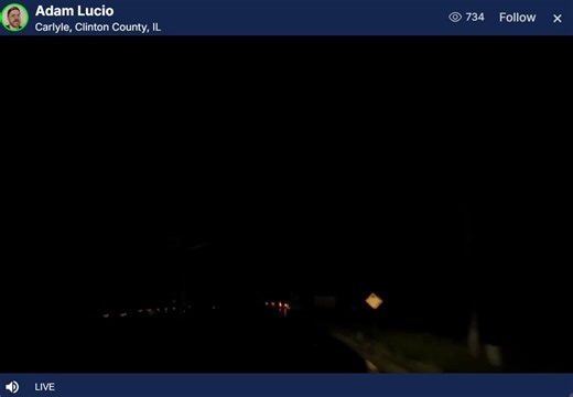 Adam Lucio, storm chaser driving through Carlyle, Illinois, to see if anyone needs help following reports PDS tornado struck the area. No damage seen, just power out