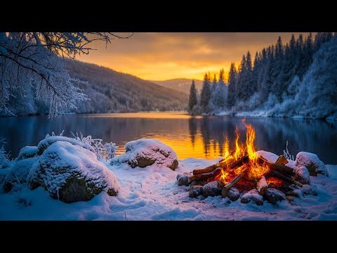 You’re Sitting by a Campfire 🔥 Winter River Evening with Crackling Fire Sounds