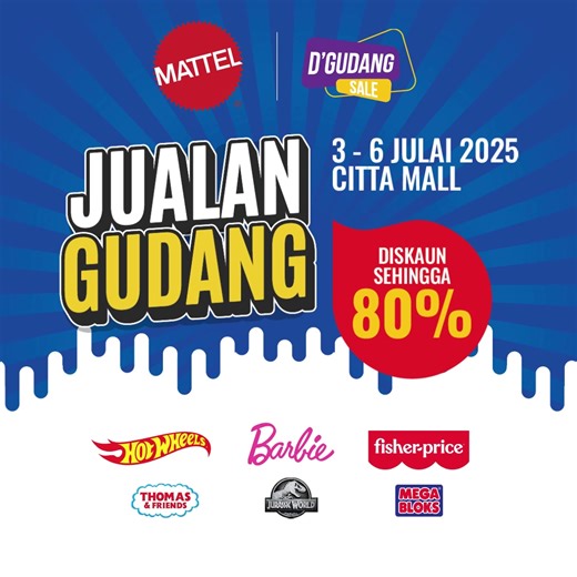 🛍️ UP TO 80% OFF Mattel Toys – 4 Days Only! Brace yourself for the BIGGEST TOY DEALS of the year – Barbie, Hot Wheels, Fisher-Price, Jurassic World, MEGA Bloks & more at jaw-dropping prices! 🔥 Don’t miss Mattel’s FIRST warehouse clearance sale of 2025: 📅 3 – 6 July 2025 📍 Level 2, The Space @ CITTA Mall ⏰ 11AM – 9PM 🎁 Free gift with every RM100 spend* – while stocks last! 💥 Hundreds of toys. Shocking discounts. Limited time only. 🚨 Get in early – the best deals will go fast. Learn more: h